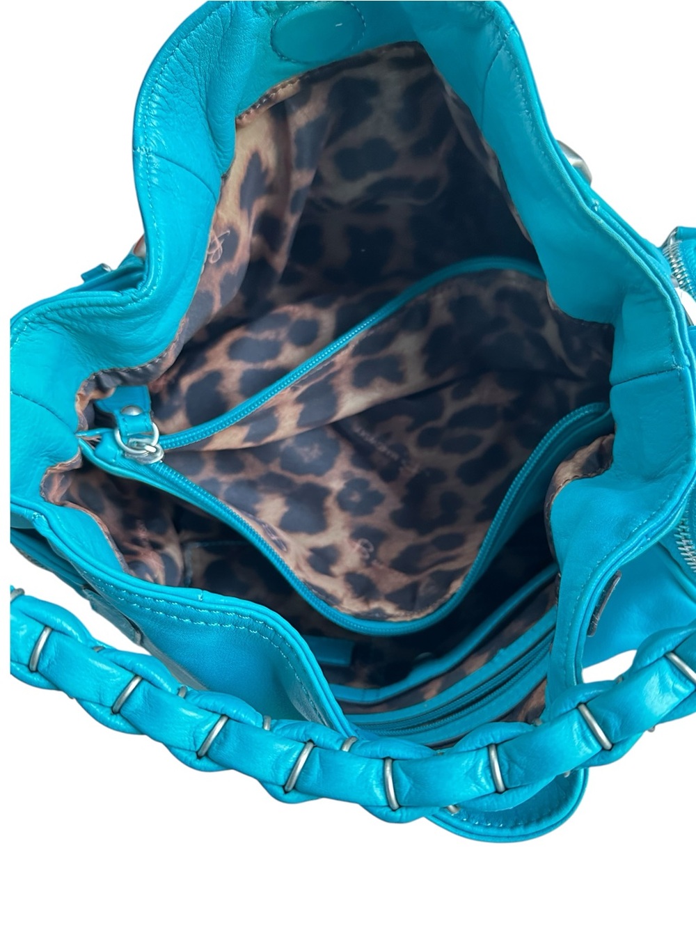 B. Makowsky Aqua Blue Braided Strap Soft Leather Satchel Shoulder Bag - Picture 8 of 10